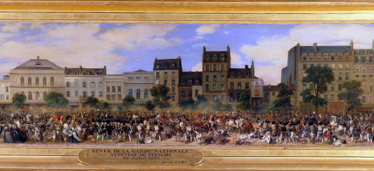 هجوم جوزيبي فيشي (المتآمر الكورسيكي) في 28/07/1835 ضد لويس فيليب الأول (1773-1850) ، ملك فرنسا ، بوليفارد دو تيمبل في باريس (لويس فيليب يراجع الحرس الوطني) تفاصيل لوحة ليوجين لامي (1800-1890) 1845 شمس. بواسطة يوجين لويس لامي