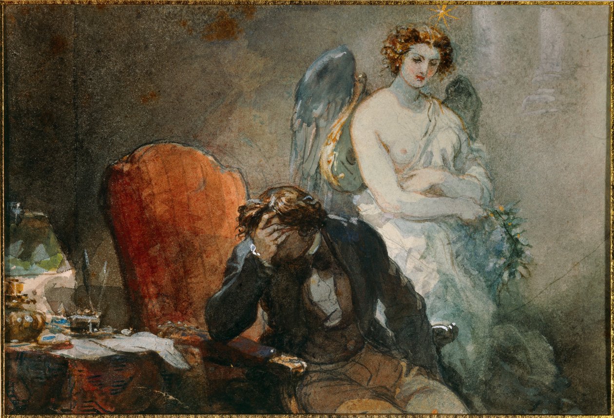 ليلة أكتوبر ، رسم توضيحي لأعمال ألفريد دي موسيت (1810-1857). لوحة مائية بواسطة يوجين لويس لامي (1800-1890) القرن التاسع عشر. 0،1 × 0،14 م مالميزون ، متحف القصر بواسطة يوجين لويس لامي