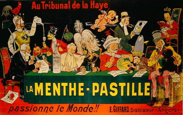 إعلان ملصق "La Menthe-Pastille" يشير إلى مؤتمر لاهاي الأول للسلام لعام 1899 (لون ليثو) بواسطة يوجين أوجي