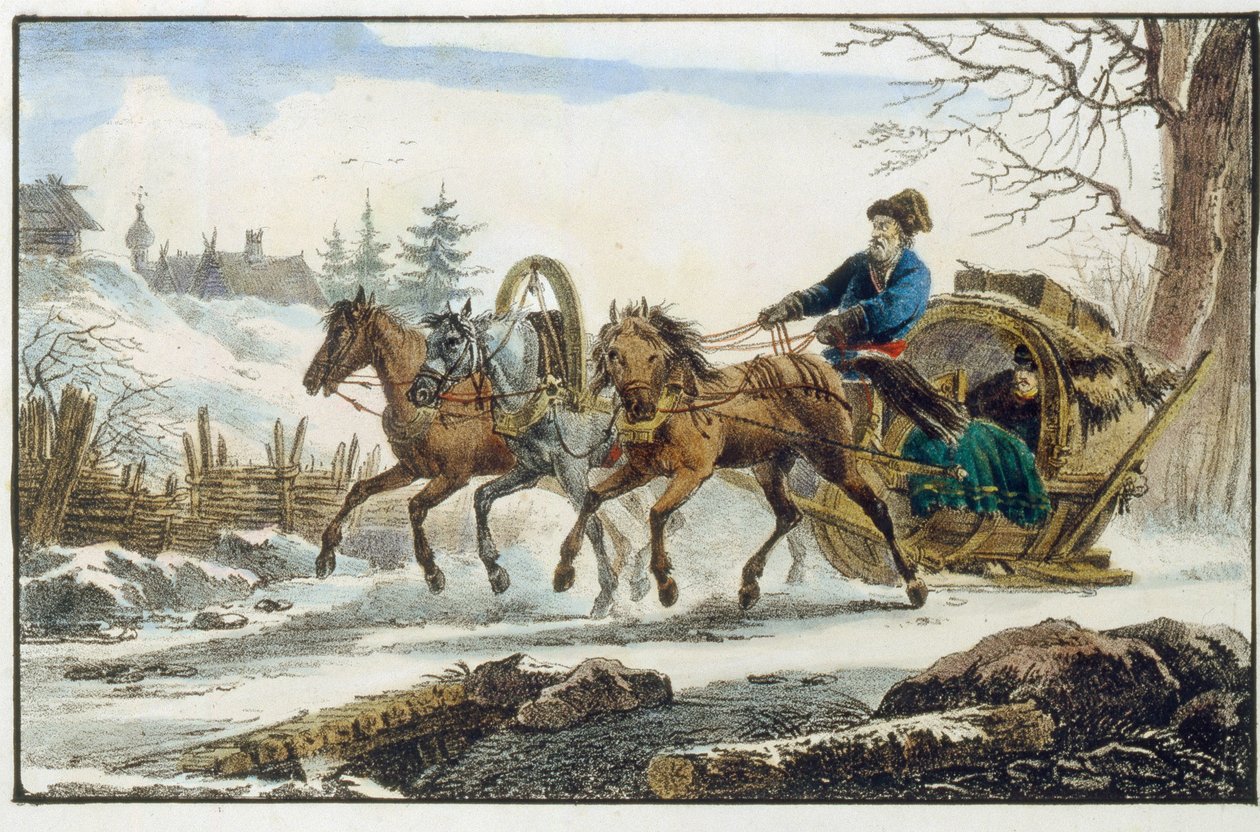 مزلقة الحصان ، مع مأوى للمسافرين. (ترويكا كيبيتكا). عمل من قبل يوجين بلوشارد (1809-1880) ، طباعة حجرية وألوان مائية بواسطة يوجين بلوخارت