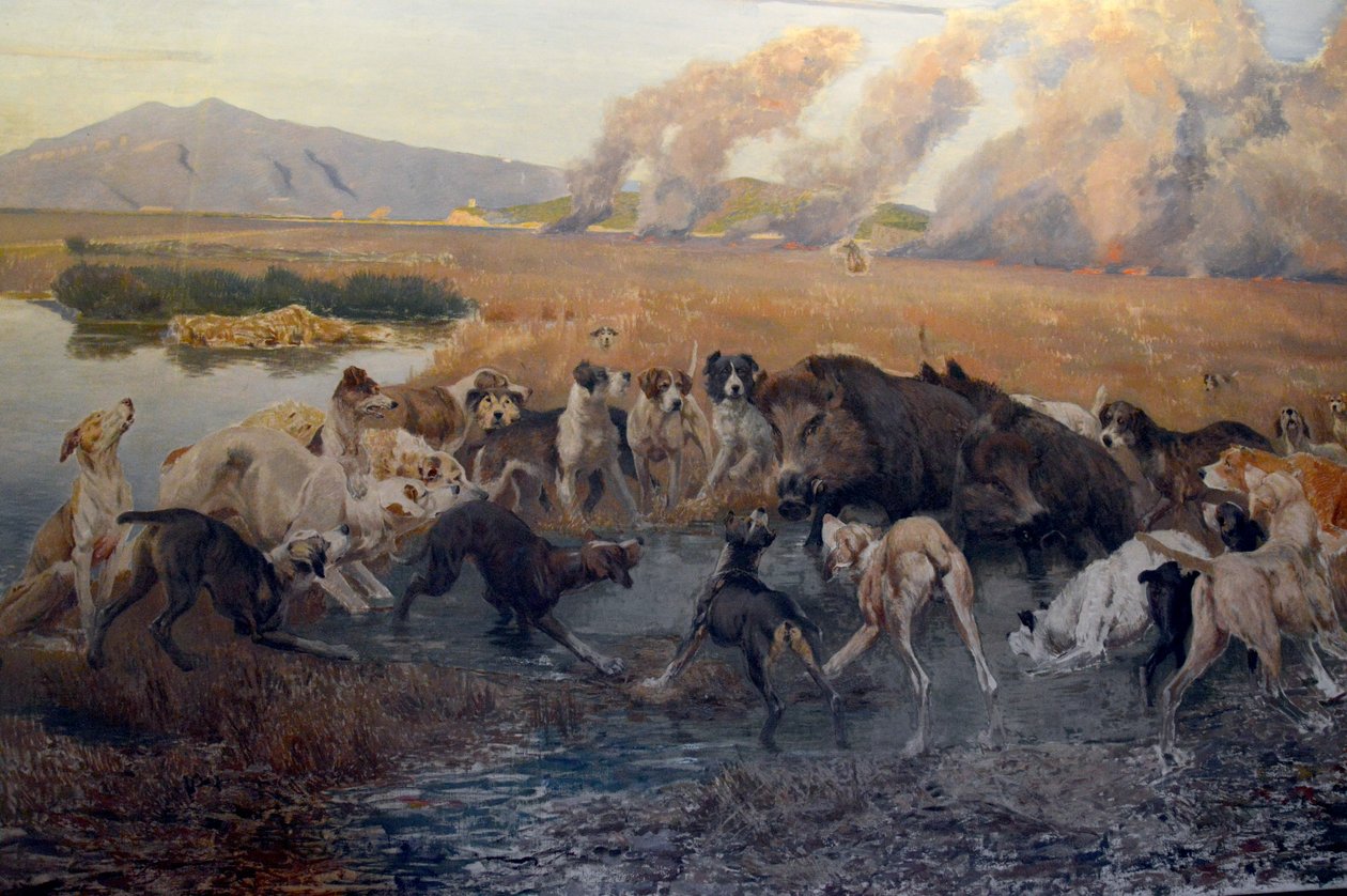 تفاصيل لوحة أوجينيو سيكوني The Wild Boar Hunt in the Padule of Burano في معرض الفن الحديث (فلورنسا) بواسطة Eugenio Cecconi