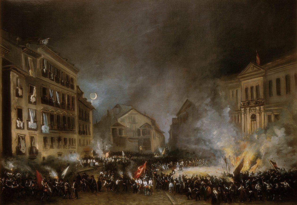 حلقة من ثورة 1854 في بويرتا ديل سول في مدريد. اللوحة بواسطة أوجينيو لوكاس فيلازكيز بواسطة أوجينيو لوكاس فيلازكويز