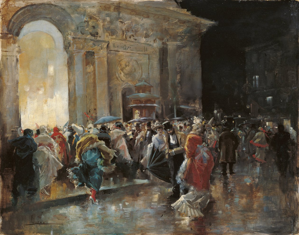 الوصول إلى المسرح في ليلة كرة مقنعة - لوكاس فيلااميل ، أوجينيو (1858-1919) - ج. 1895 - زيت على خشب - 31x40 - متحف كارمن تايسن ، ملقة بواسطة أوجينيو لوكاس فيلااميل