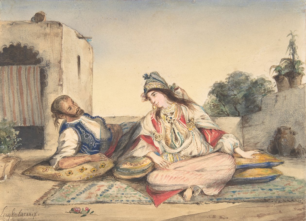 زوجان مغربيان على شرفة منزلهما ، ١٨٣٢. بواسطة يوجين ديلاكروا