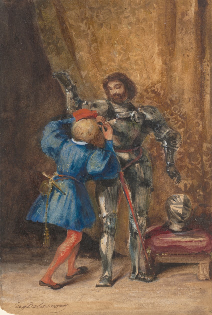 Goetz von Berlichingen يرتدي درعًا بواسطة صفحته جورج ، 1826-1827. بواسطة يوجين ديلاكروا
