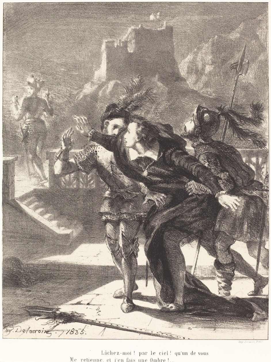 يرغب هاملت في اتباع شبح أبيه الفصل الأول ، المشهد الرابع ، 1835. بواسطة يوجين ديلاكروا