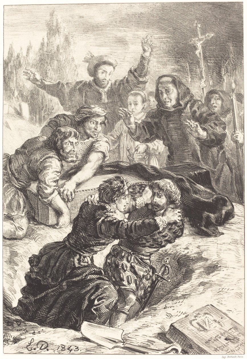 هاملت ولارتس في قبر أوفيليا الفصل الخامس ، المشهد الأول ، 1843. بواسطة يوجين ديلاكروا