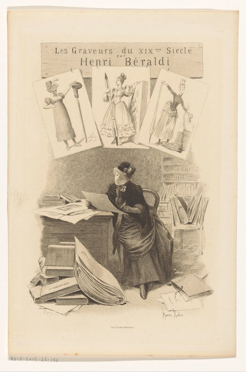 امرأة تنظر إلى البصمات خلف مكتب صفحة العنوان لـ: Henri Béraldi ، Les engravers du XIXe siècle ، 1899 بواسطة يوجين غوجين