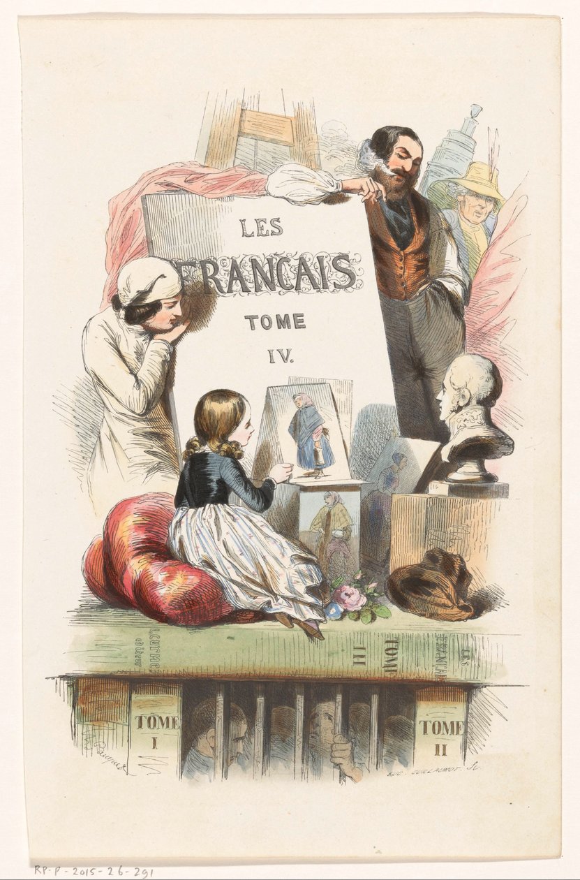 الناس ينظرون إلى الفن صفحة العنوان لـ: Les Français peints par eux-mêmes، 1841 بواسطة يوجين جيلوموت