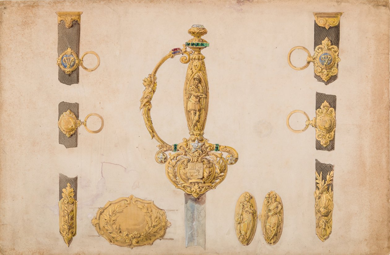 تصميم لمقبض السيف ، والغمد ، وتركيبات الحزام ، كاليفورنيا. 1840-50. بواسطة يوجين جوليان.