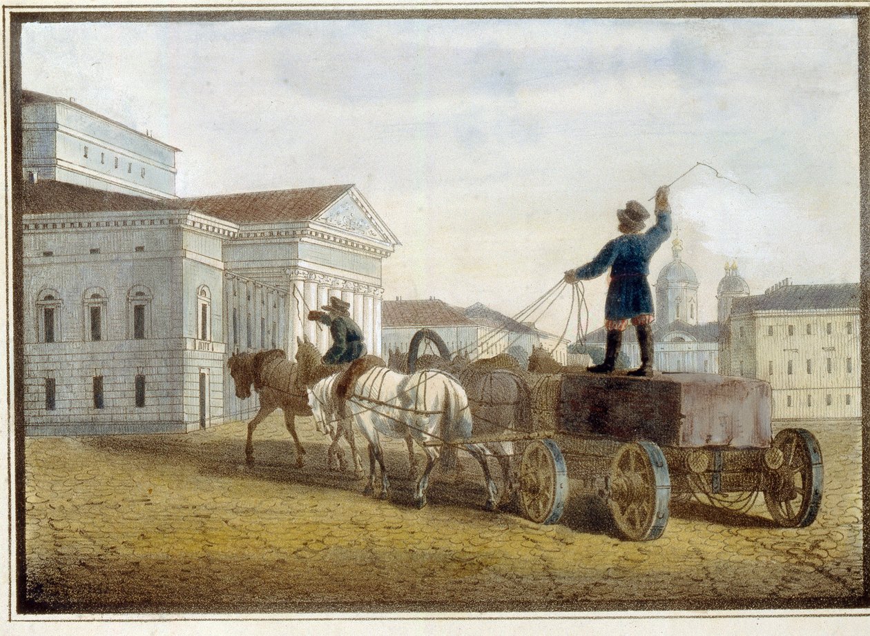نقل كتل الجرانيت إلى ساحة المسرح في سانت بطرسبرغ. عمل يوجين بلوشارت (1809-1880) ، ألوان مائية على ليثوجراف بواسطة يوجين بلوخارت