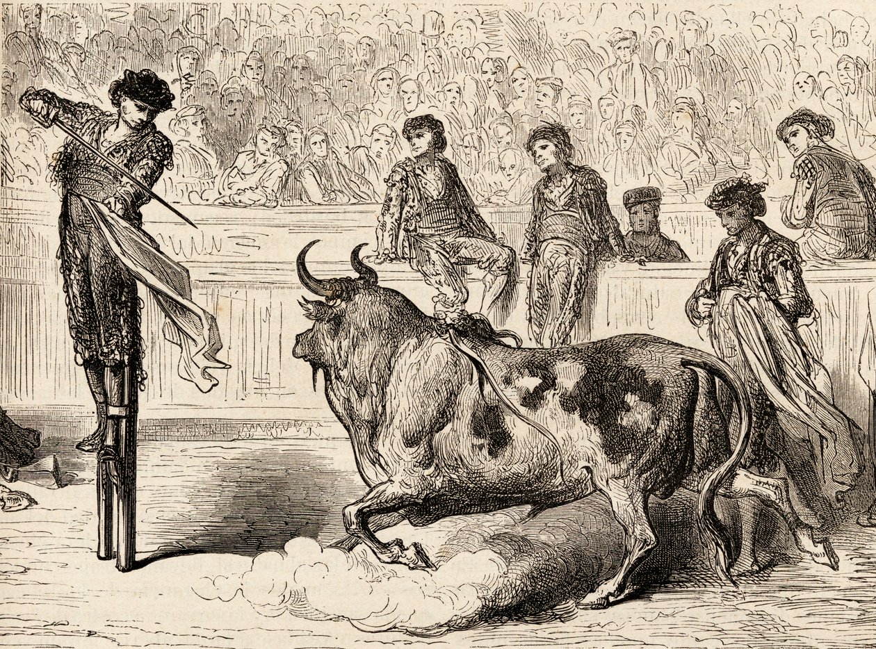 مصارعة الثيران على ركائز متينة في إشبيلية ، إسبانيا ، 1878 (نقش الخشب) بواسطة المدرسة الأوروبية