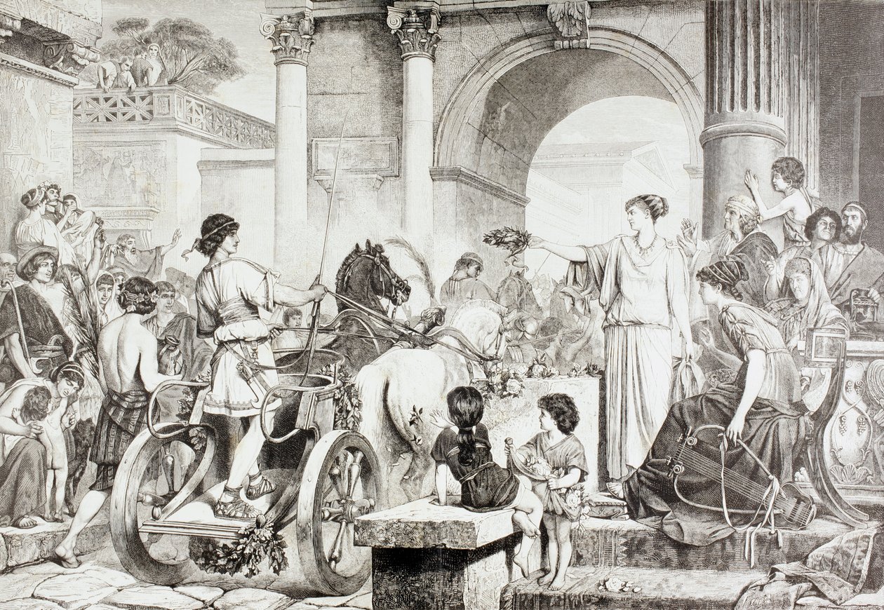 نهاية سباق عربة في الألعاب الأولمبية في اليونان القديمة ، من "El Mundo Ilustrado" ، نشر برشلونة ، 1880 بواسطة المدرسة الأوروبية