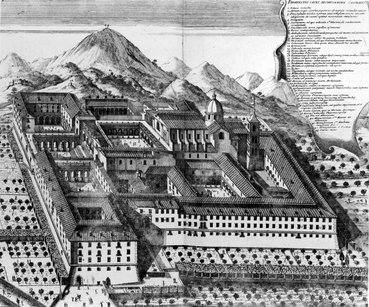 المنظر الهوائي، بسبب، monte، Cassino، إيطاليا.، engraving) بواسطة المدرسة الأوروبية