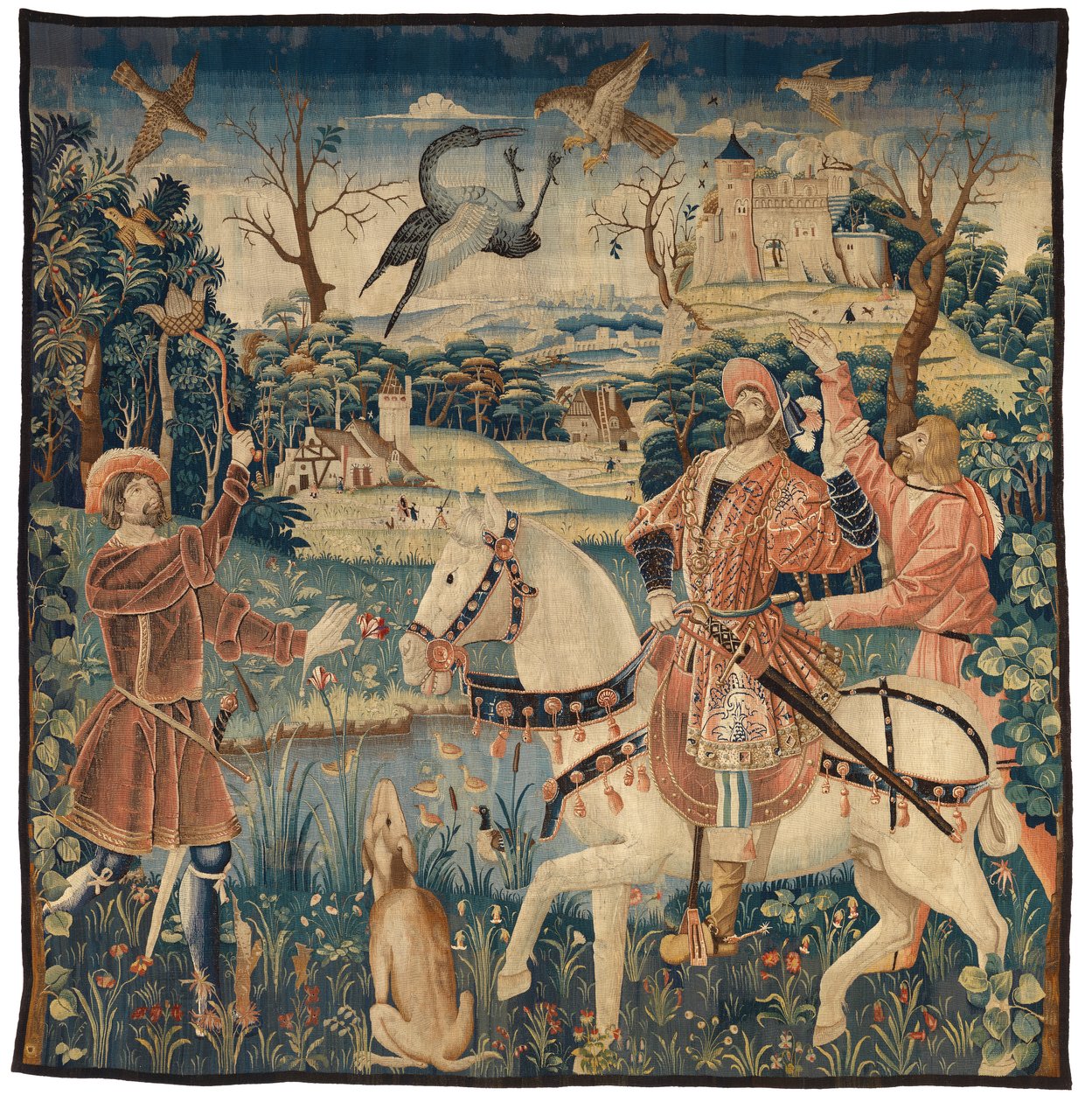 نسيج يصور رحلة مالك الحزين quot;Combat d#39;un Heron et un Fauconquot;، ربما من تورين (الصوف) بواسطة المدرسة الأوروبية