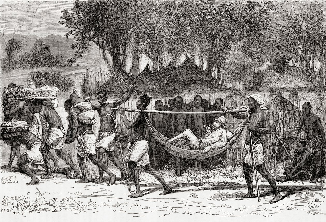 فيرني لوفيت كاميرون يصل إلى قرية Oulonnda ، إفريقيا ، 1878 (نقش الخشب) بواسطة المدرسة الأوروبية