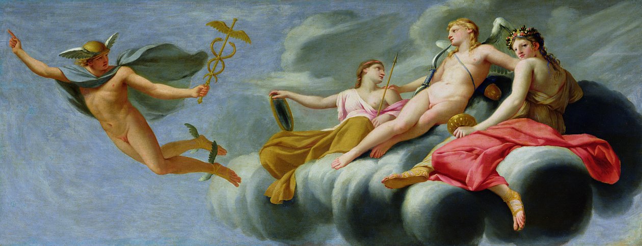 كيوبيد يأمر ميركوري ، رسول الآلهة ، بالإعلان عن قوة الحب للكون ، 1646-47 بواسطة يوستاش لو سوير