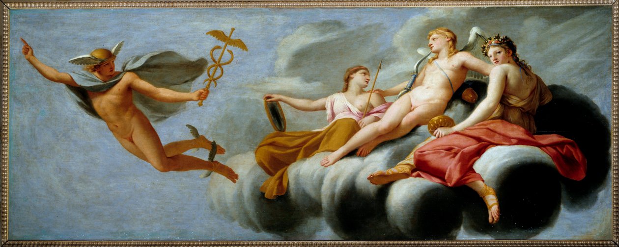 يأمر كيوبيد عطارد بالإعلان عن قوته في الكون. اللوحة بواسطة Eustache Le Sueur (1617-1655) 1646 صن. 1x2،5 م. بواسطة يوستاش لو سوير