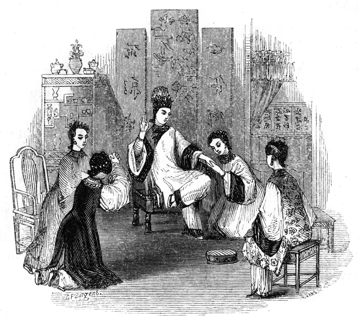 عوانس صينية تبكي مع العروس ، 1847 بواسطة إيفانز