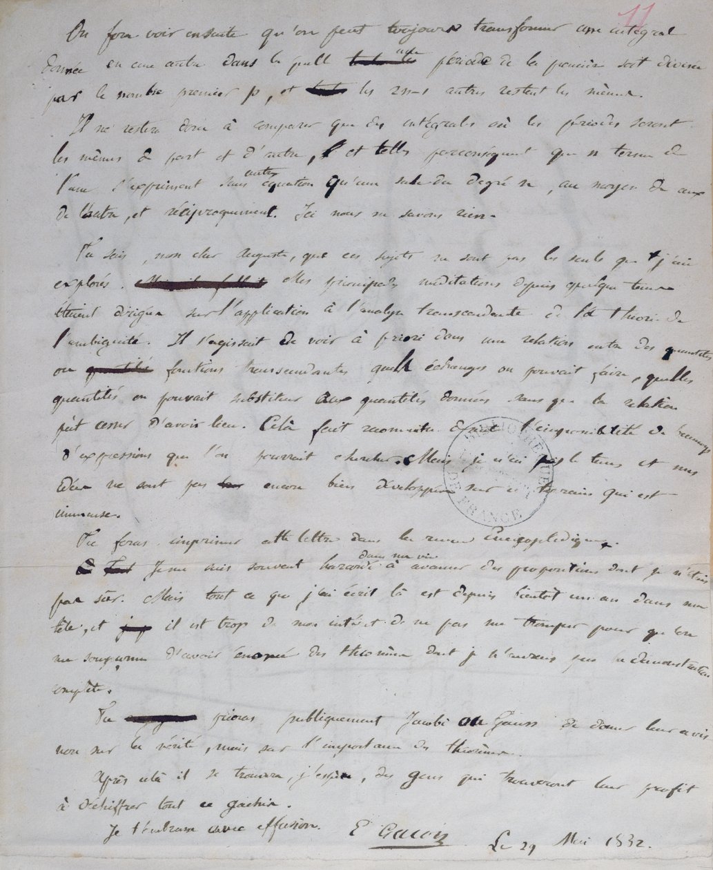 Ms 2108 fol.11r رسالة من جالوا إلى أوغست شوفالييه ، ٢٩ مايو ١٨٣٢ بواسطة إيفاريست جالوا