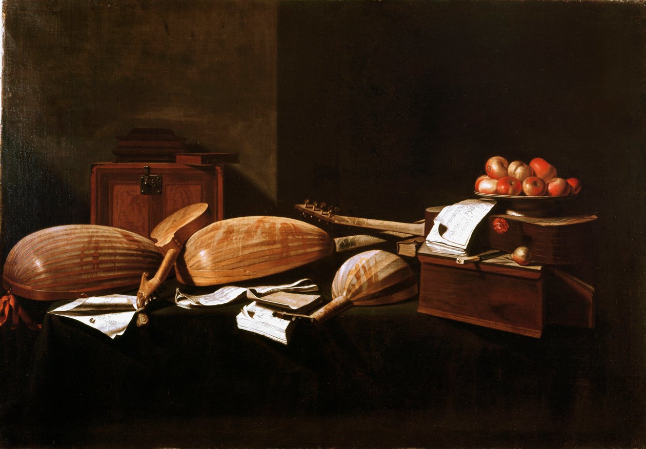 Still life Peches and musical instruments. Painting by Evaristo Baschenis (1617-1677) 17th century Bergamo, Private Collection بواسطة إيفاريستو باشينيس