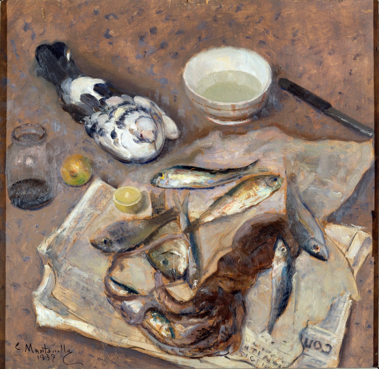 باقية على قيد الحياة الأسماك والحمام. رسم إيفاسيو مونتانيلا (1878-1940) 1937 صن. 62x64 cm جينات نيرفي غاليريا من قبل Arte Moderna ، الجرد. 0433 بواسطة إيفاسيو مونتانيلا