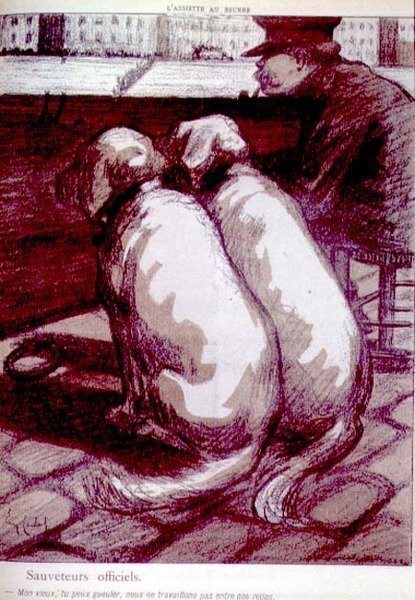 قارب النجاة الرسمي ، "رجلي العجوز ، قد تصرخ ، لكننا لا نعمل أثناء أوقات الوجبات" ، ص 1183 من حانة "L'Assiette Au Beurre". أغسطس 1902 (ليثو) بواسطة قلعة حواء