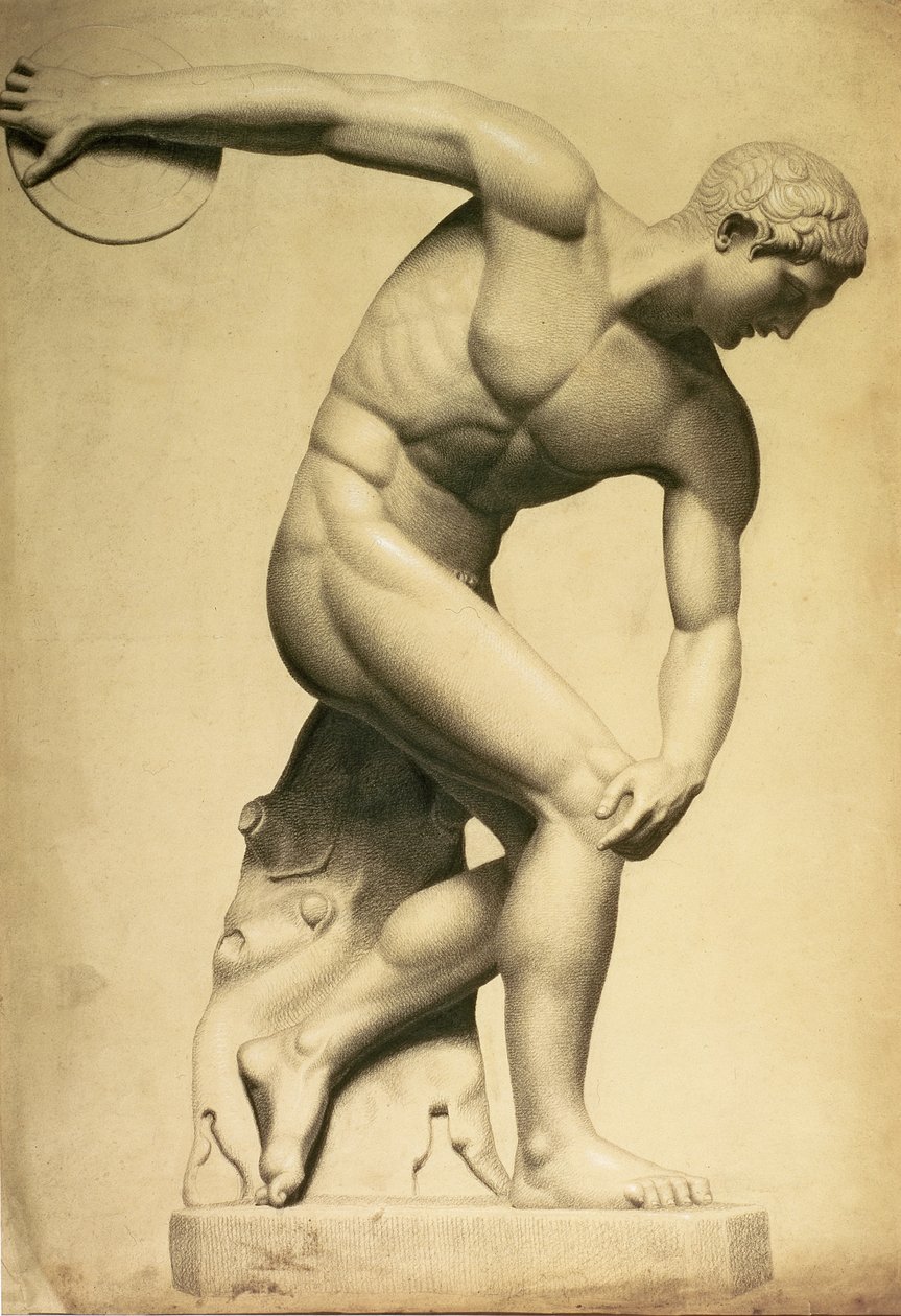 قاذف القرص ، رسم النحت الكلاسيكي ، 1874 (قلم رصاص ، قلم تلوين على ورق) بواسطة إيفلين دي مورغان