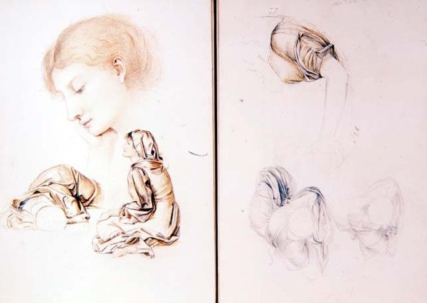 ست دراسات عن عارضات أزياء ، صفحتان من إحدى كراسات الرسم الخاصة بالفنان (قلم رصاص ، طباشير على ورق) بواسطة إيفلين دي مورغان