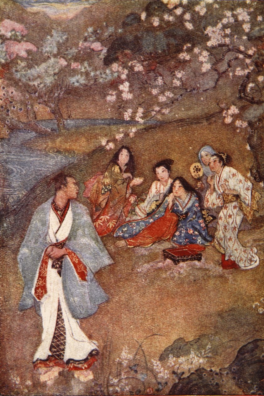 شينغل ويوشيزاوا بواسطة البئر البنفسجي ، رسم توضيحي من "أساطير وأساطير اليابان" بقلم إف. هادلاند ديفيس بواسطة إيفلين بول