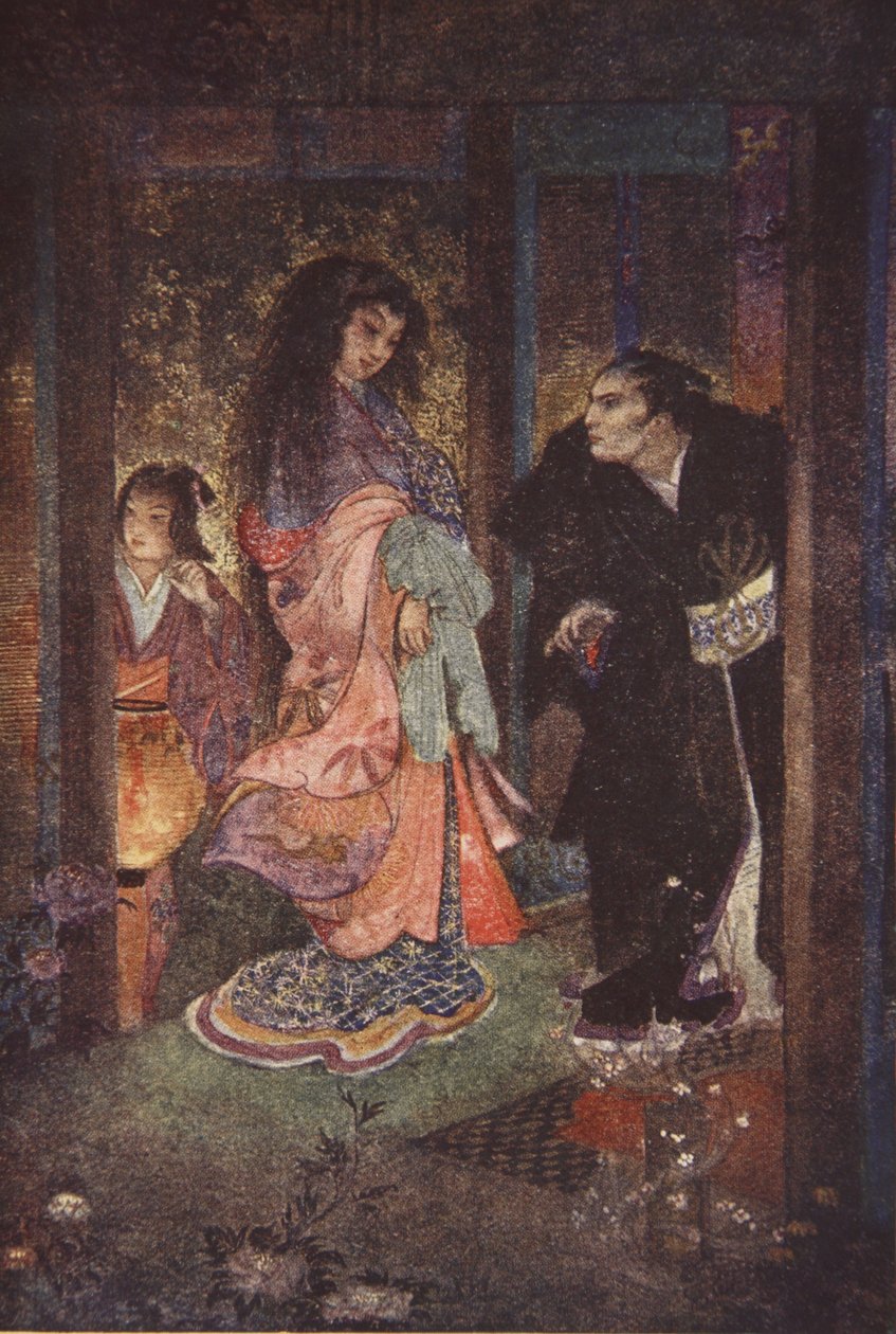 تعرفت شينزابورو على تسوي وخادمتها يون ، رسم توضيحي من كتاب "أساطير وأساطير اليابان" بقلم إف. هادلاند ديفيس بواسطة إيفلين بول
