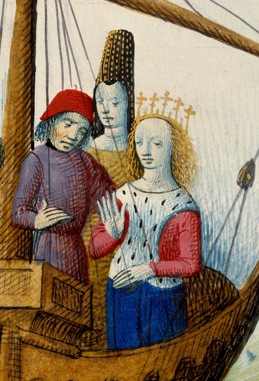 الملكة إيزولت (إيزولت) من تريستان وشرعوا في مملكة Logres Miniature المأخوذة من "" Romanesque du Chevalier Tristan و Queen Yseult "" من قبل Gassien de Poitiers التي قام بتزيينها Everard de Espinques (Evrard d