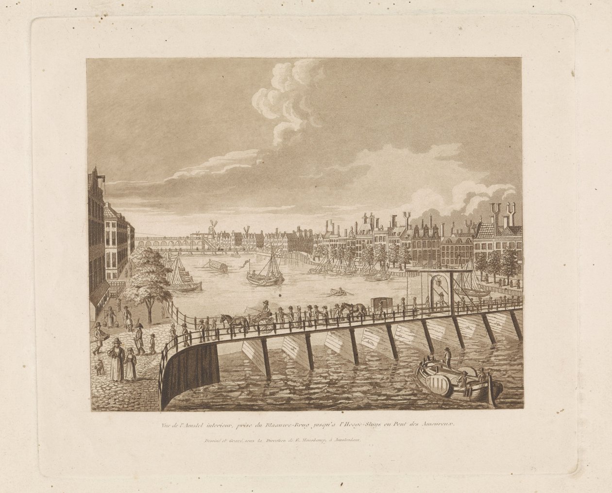 منظر لـ Binnen-Amstel ، Amsterdam Vue de l'Amstel interior ، prize du Blaauwe-Brug jusqu'a l'Hooge-Sluys ou Pont des Amoureux (العنوان على الكائن) بواسطة إيفرت ماسكامب