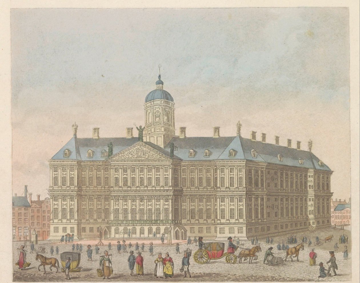 القصر الملكي بميدان السد حوالي ١٨١٠-١٨١٣ Vue du Palais Roijal، et de la Place le Dam (العنوان على الكائن) بواسطة إيفرت ماسكامب