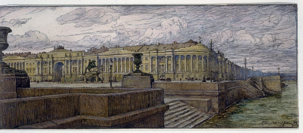 مكان مجلس الشيوخ في سانت بطرسبرغ. وصف المباني على ضفة نهر نيفا. عمل Evgeny Evgenyevich Lanceray (Eugene Lansere) (1875-1946) ، طباعة حجرية بواسطة Evgeni Evgenievitch Lanceray