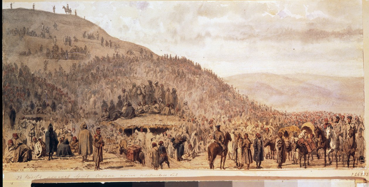 أسر جيش عثمان باشا (1837-1900) في بليفن (بليفنا) (بلغاريا). (أسر جيش عثمان باشا في بليفن). حلقة من الحرب الروسية التركية (1877-1878). عمل إيفجيني كيريلوفيتش ماكاروف (1842-1884) ، ألوان مائية على ورق بواسطة يفجيني كيريلوفيتش ماكاروف