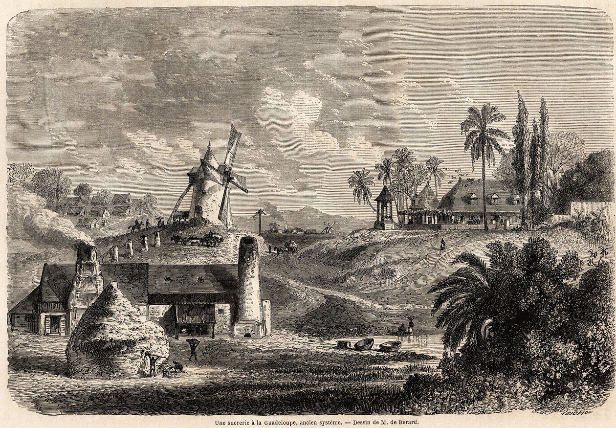 مصنع سكر في غوادلوب ، رسمه أوغست دي بيرارد (1824-1881) ، لتوضيح الرحلات إلى جزر الهند الغربية ، في 1858-1859 ، بواسطة أنتوني ترولوب (1815-1882). نقش في "" حول العالم ، مجلة سفر جديدة "" باريس بواسطة إيفريموند دي (بعد) بيرارد