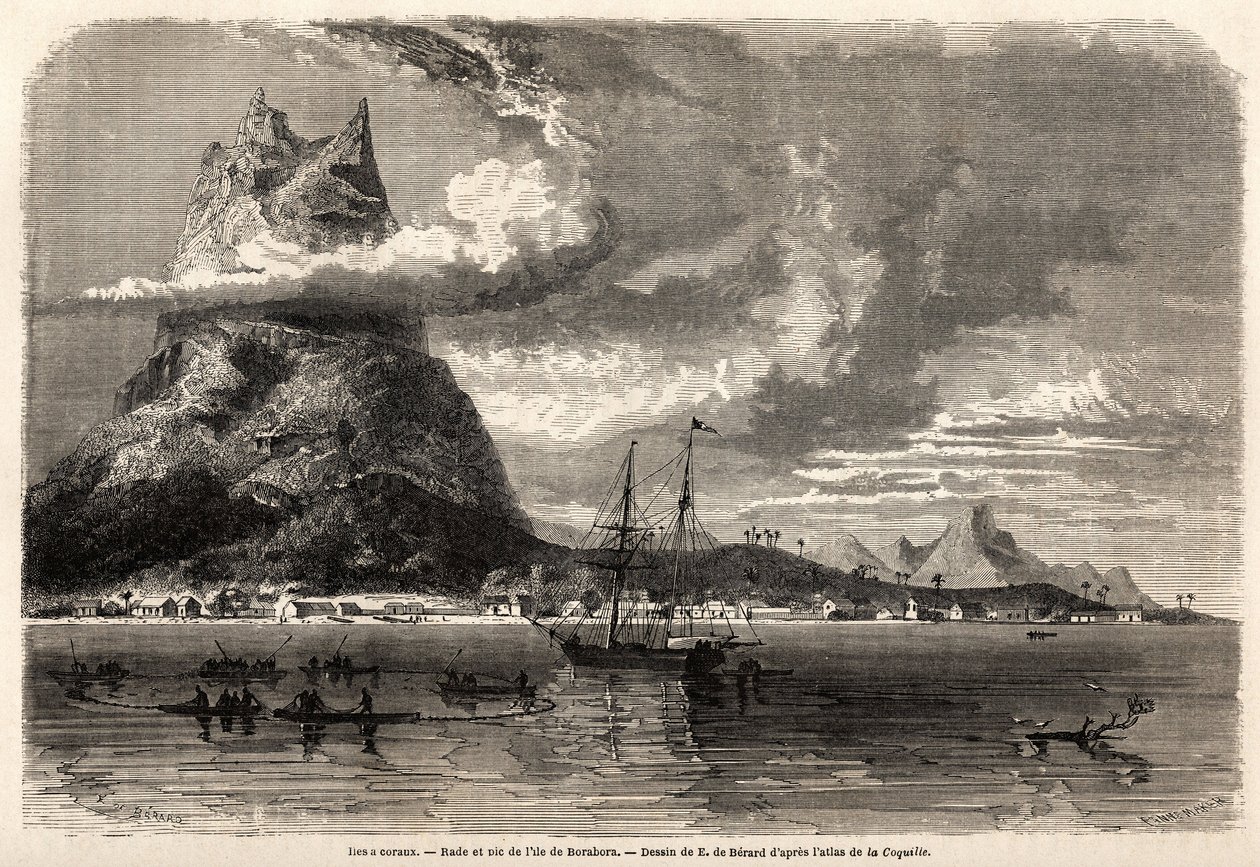 رادي وذروة جزيرة بورابرا ، رسمه إيفريموند أوغست دي بيرارد (1824-1881) ، لتوضيح رحلة عالم الطبيعة في أرخبيل غالاباغوس والجزر المرجانية ، في عام 1858 بواسطة تشارلز داروين (1809-1882). نقش في "" Le Tour du mond بواسطة إيفريموند دي (بعد) بيرارد
