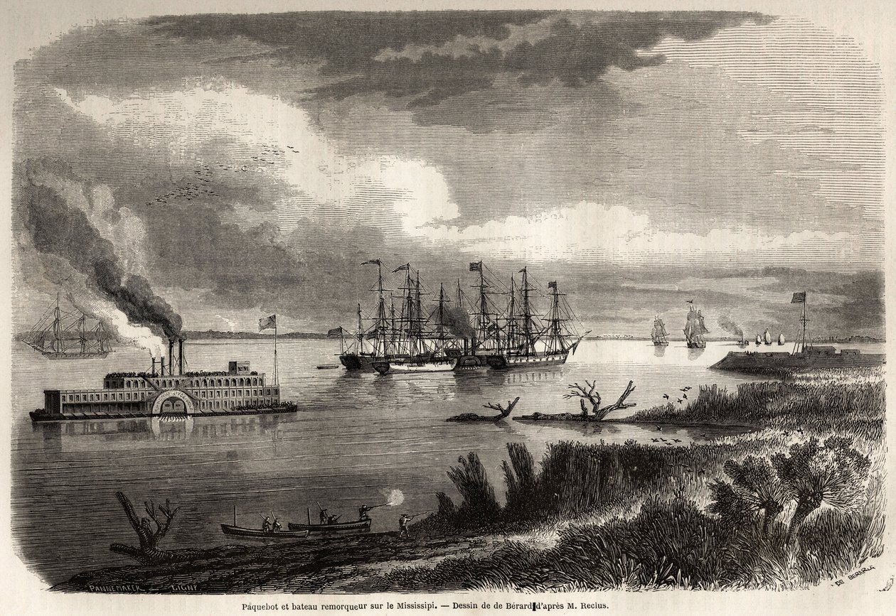 سفينة وزورق قاطرة على نهر المسيسيبي ، رسمها إيفريموند أوغست دي بيرارد (1824-1881) لتوضيح الرحلة إلى نيو أورلينز في عام 1855 بواسطة إليزيه (إليسي) ريكلس (1830-1905). نقش في "" Le Tour du monde، nouveau journal des voyages "" باريس بواسطة إيفريموند دي (بعد) بيرارد