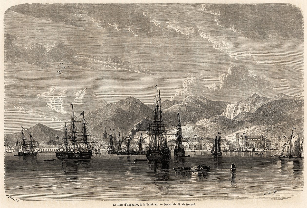ميناء إسبانيا ، في ترينيداد (ترينيداد وتوباغو) ، رسمه إيفريموند أوغست دي بيرارد (1824-1881) ، لتوضيح الرحلات إلى جزر الهند الغربية ، في 1858-1859 ، بواسطة أنتوني ترولوب (1815-1882). نقش في "" Le Tour du monde ، مجلة nouveau des voya بواسطة إيفريموند دي (بعد) بيرارد