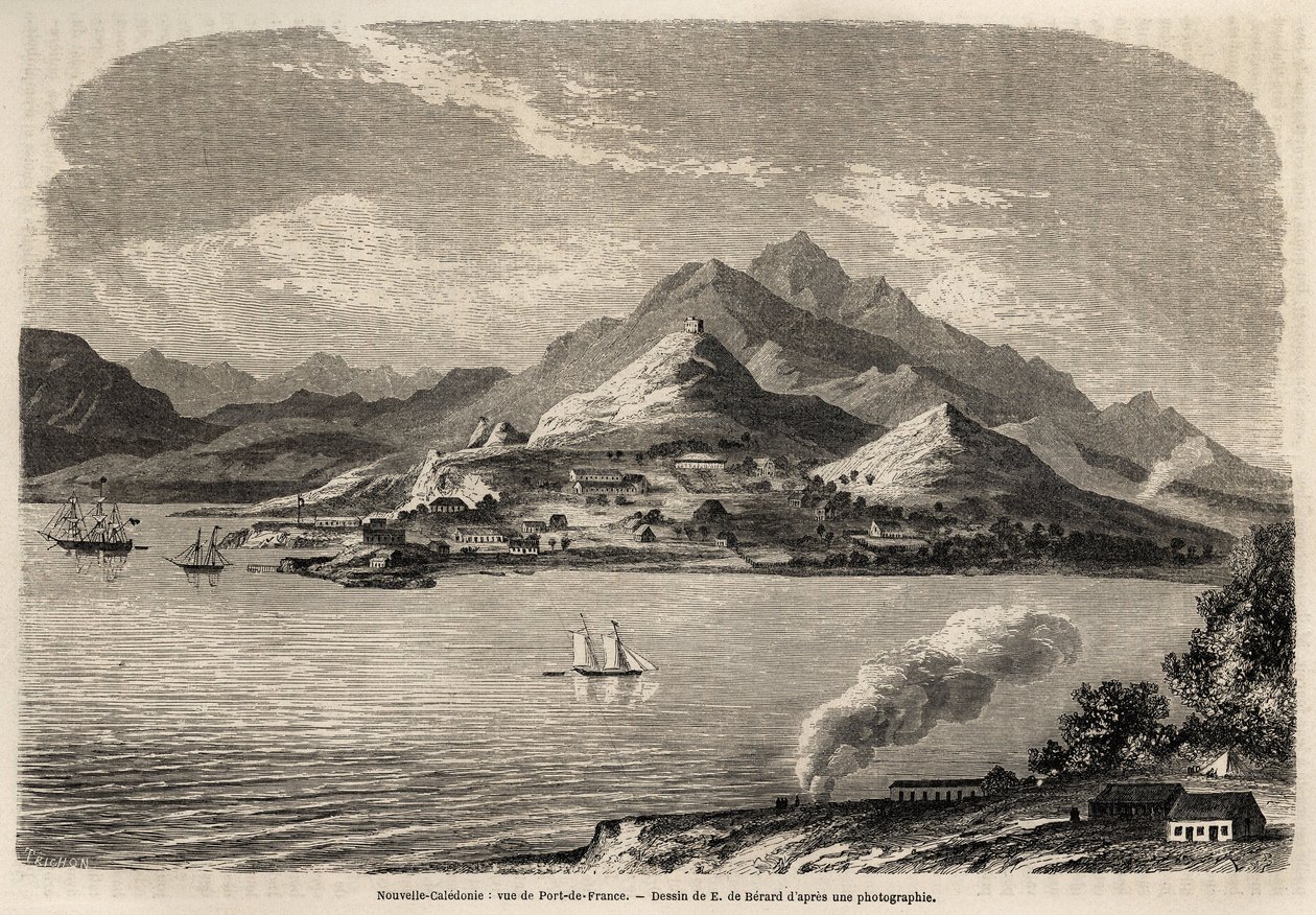 View of Port of France, New Caledonia, drawing by Evremont de Berard (1824-1881), to illustrate Victor de Rochas