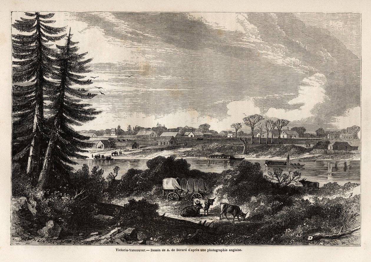منظر لفيكتوريا-فانكوفر ، عاصمة كولومبيا البريطانية ، رسمه أوغست دي بيرارد (1824-1881) لتوضيح استكشاف جبال روكي في 1857-1859 بواسطة الكابتن جون باليسر. نقش في "" Le Tour du monde، nouveau journal des voyages "" باريس بواسطة إيفريموند دي (بعد) بيرارد