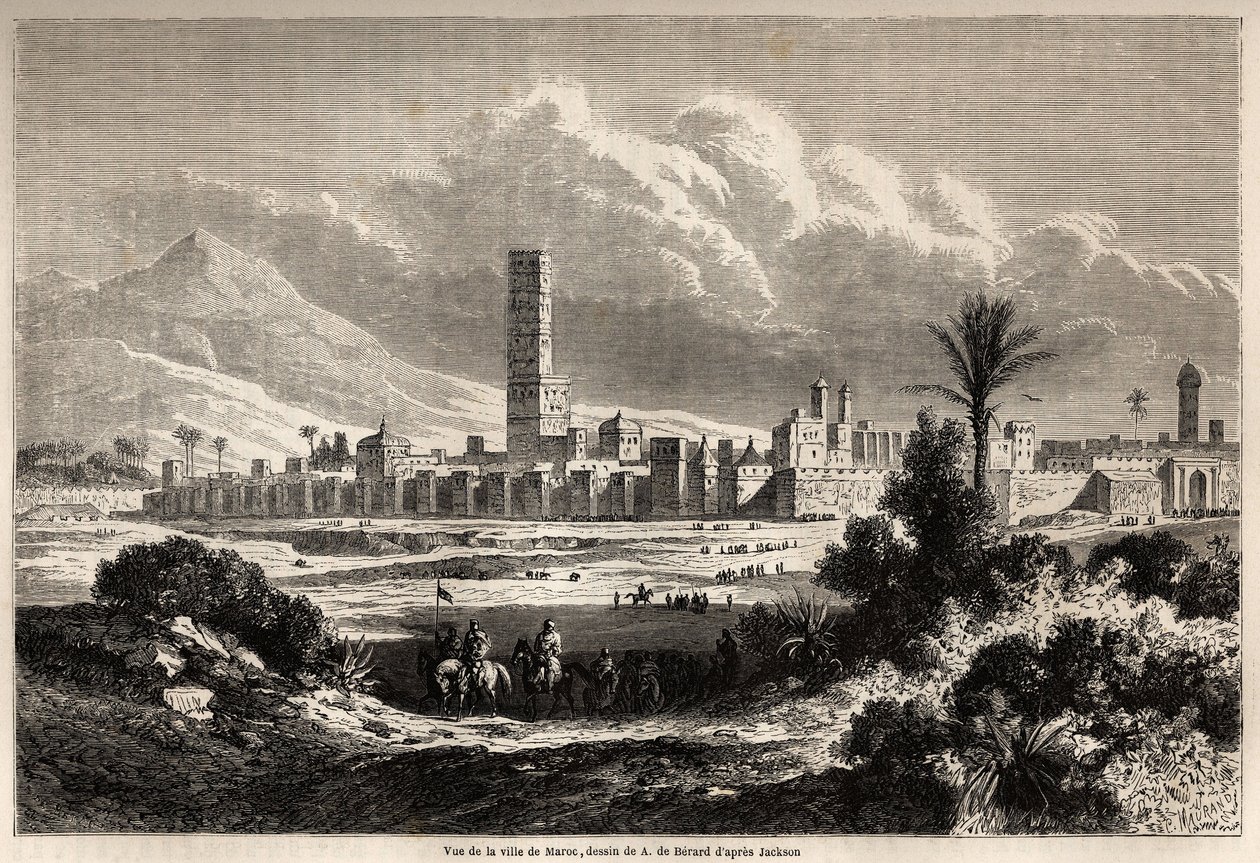 منظر لمدينة مراكش (المغرب سابقًا) ، رسمه أوغست دي بيرارد (1824-1881) ، لتوضيح السيد ف. رحلة شيكلر إلى المغرب عام 1860. نقش في "" Le Tour du monde، nouveau journal des voyages "" باريس بواسطة إيفريموند دي (بعد) بيرارد