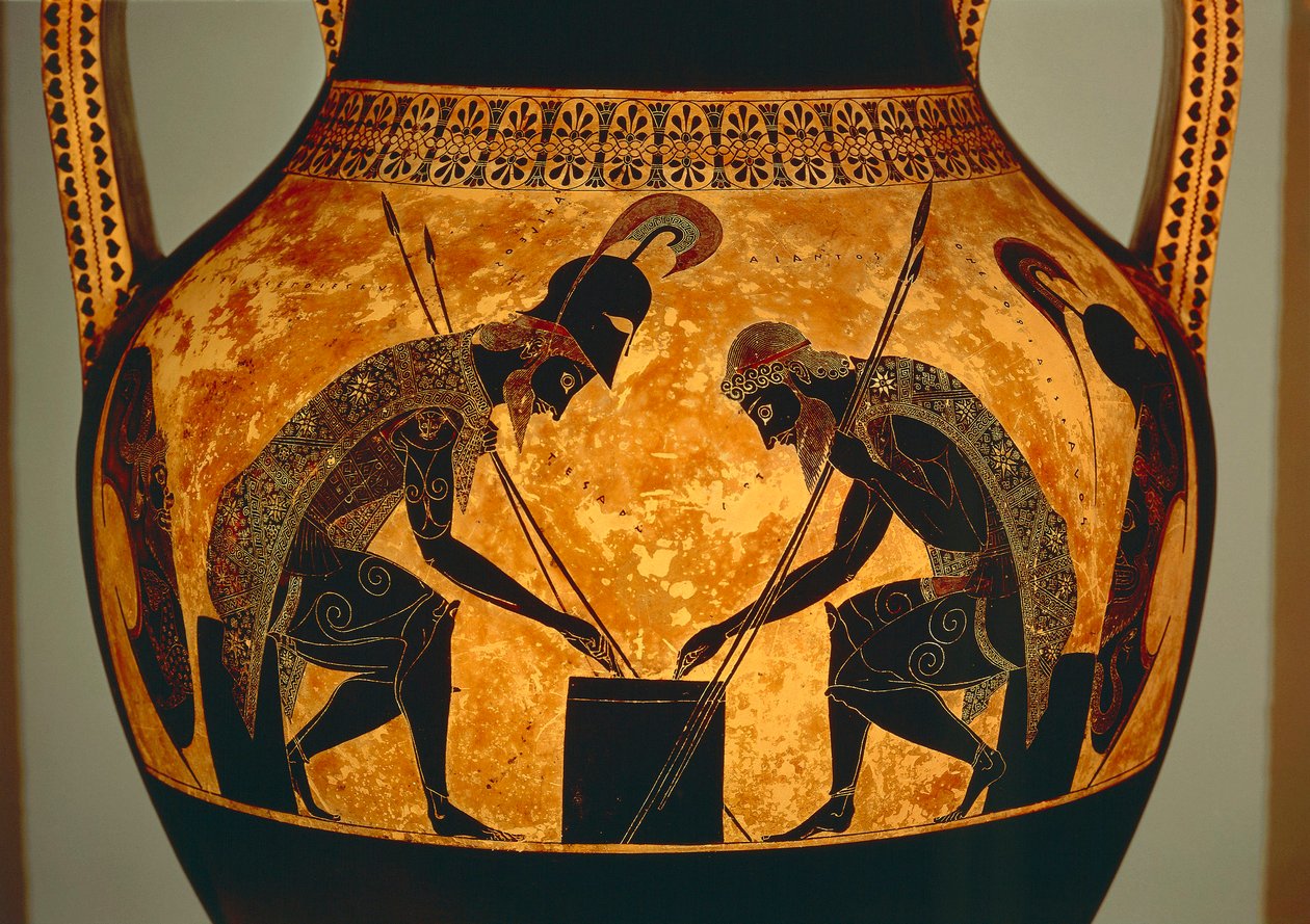 Attic black-figure amphora depicting Achilles and Ajax playing dice, from Vulci, c.540-530 BC (ceramic) (detail) بواسطة إكسيكياس إكسيكياس