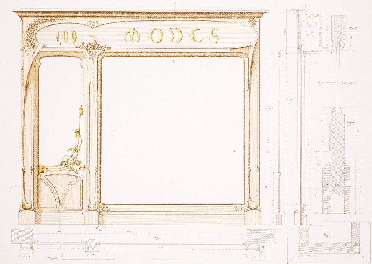 تم تصميم تصميم لواجهة متجر أزياء ، رسم توضيحي من "Menuiserie d&39;Art Nouveau" عام 1900 بواسطة F. باراباس