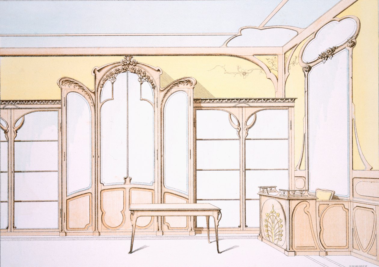 تم نشر التصميم الداخلي لمتجر أزياء ، رسم توضيحي من "Menuiserie d&39;Art Nouveau" ، عام ١٩٠٠ بواسطة F. باراباس