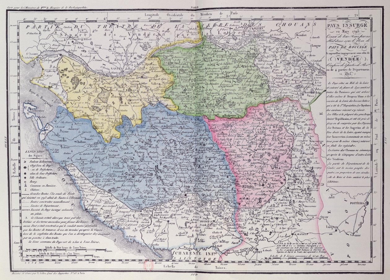 خريطة Vendee تصور منطقة ثورة Vendean (1793-1996) في مارس 1793 ، c.1815 (نقش ملون) بواسطة F. Colliu