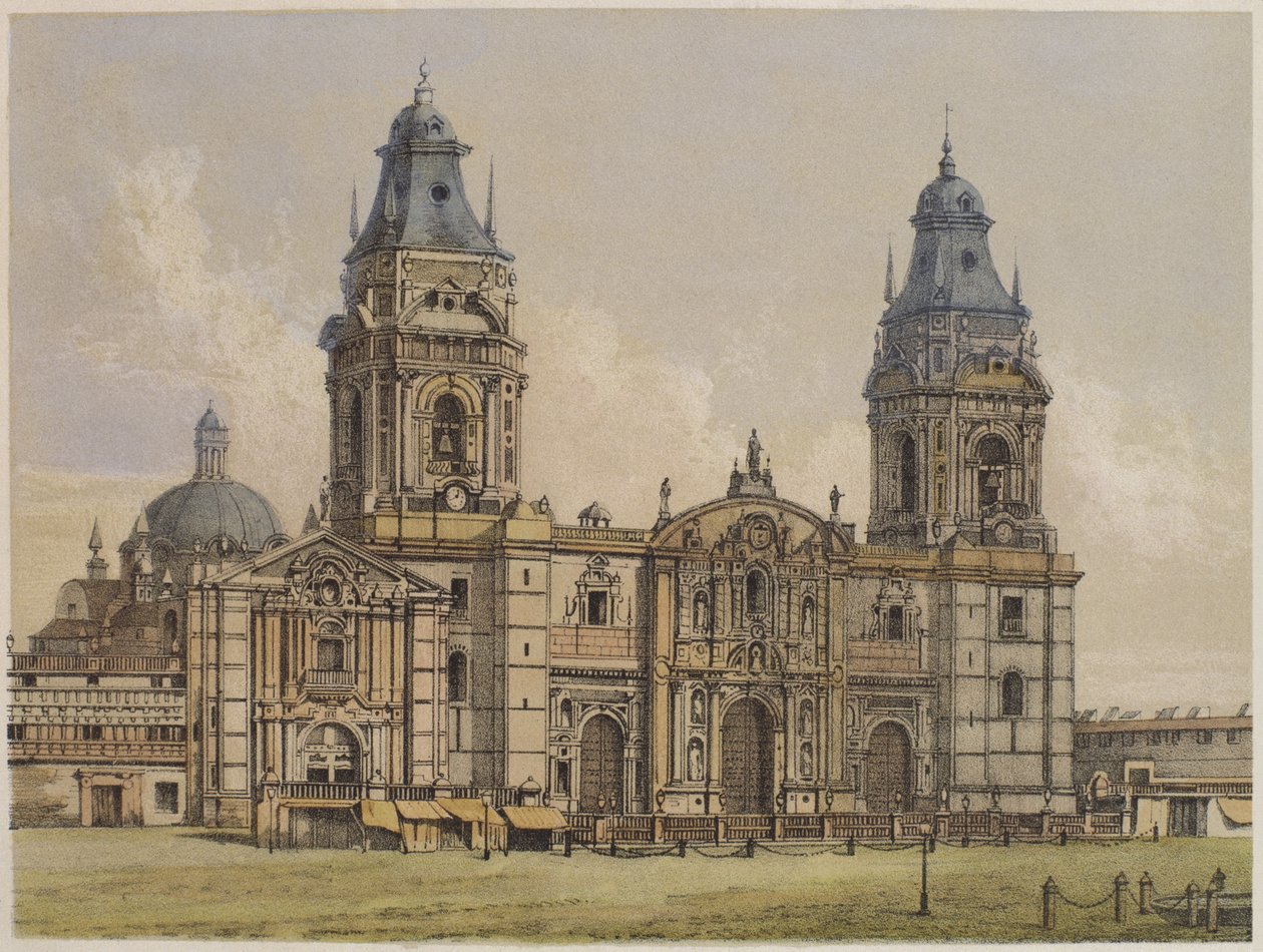 كاتدرائية ليما ، رسم توضيحي من "جيوجرافيا ديل بيرو" لماريانو ، فيليب باز سولدان (1821-86) 1863 بواسطة F. Delamare