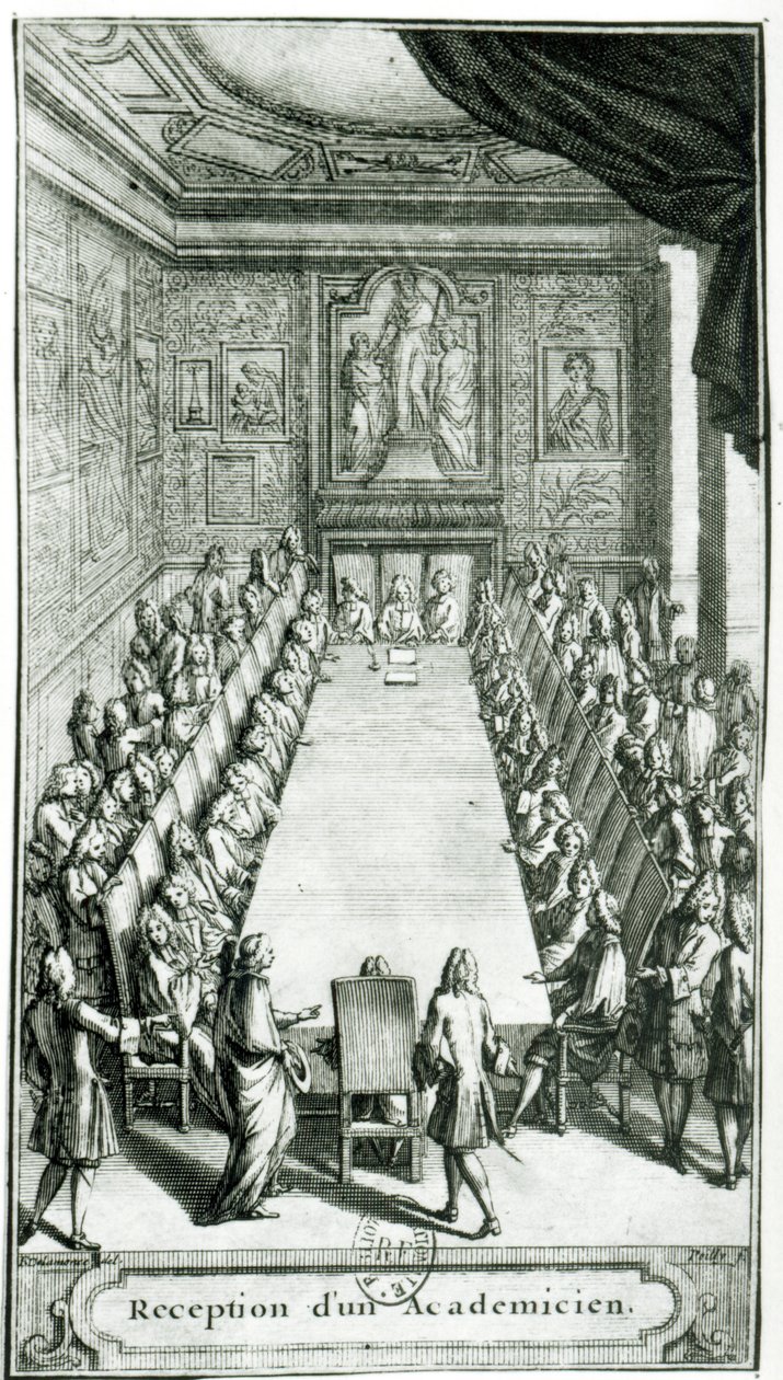 استقبال عضو في الأكاديمية الفرنسية ، نقشها فرانسوا بويلي (1622-83) بواسطة F. Delamonce