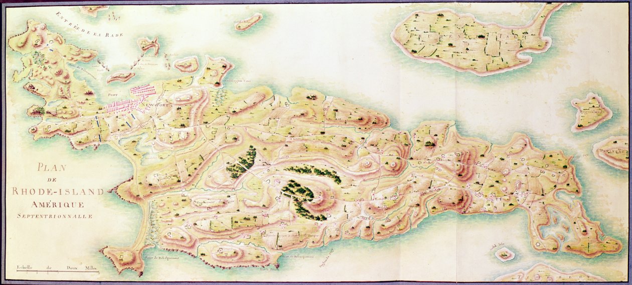 خريطة رود آيلاند ، من "الحرب الأمريكية" ، c.1780-81 (نقش الألوان) بواسطة F. Dubourg